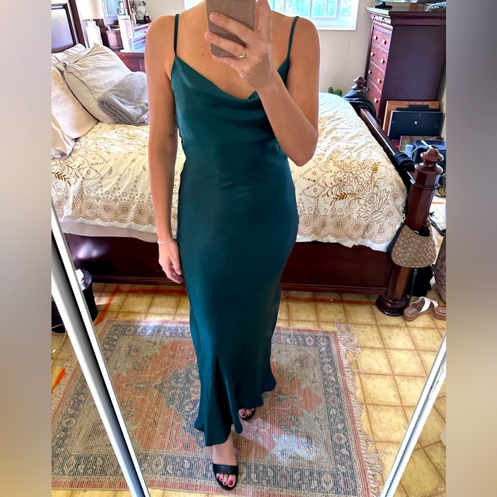 Dark teal satin cowl neck formal dress. Audrey 3+1 size small.